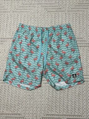 the room Aqua Swim Trunks with Pink Flamingo Print